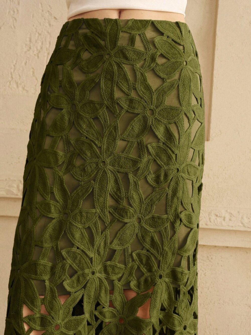 Army Green Elegant Women's Floral Cutout A-Line Skirt - Picture 7 of 9